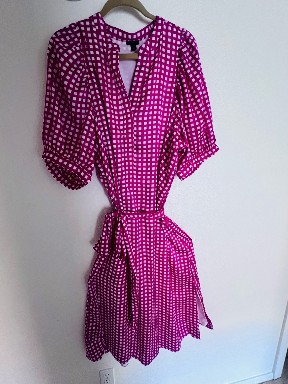Ann Taylor Fuchsia and White Checked Tie-Waist Mini Dress